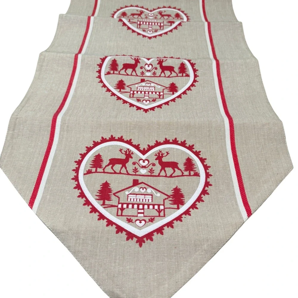 Deco Scandinavian Reindeer Heart Table Runner 40x150cm Chalet Cotton Tassels NEW